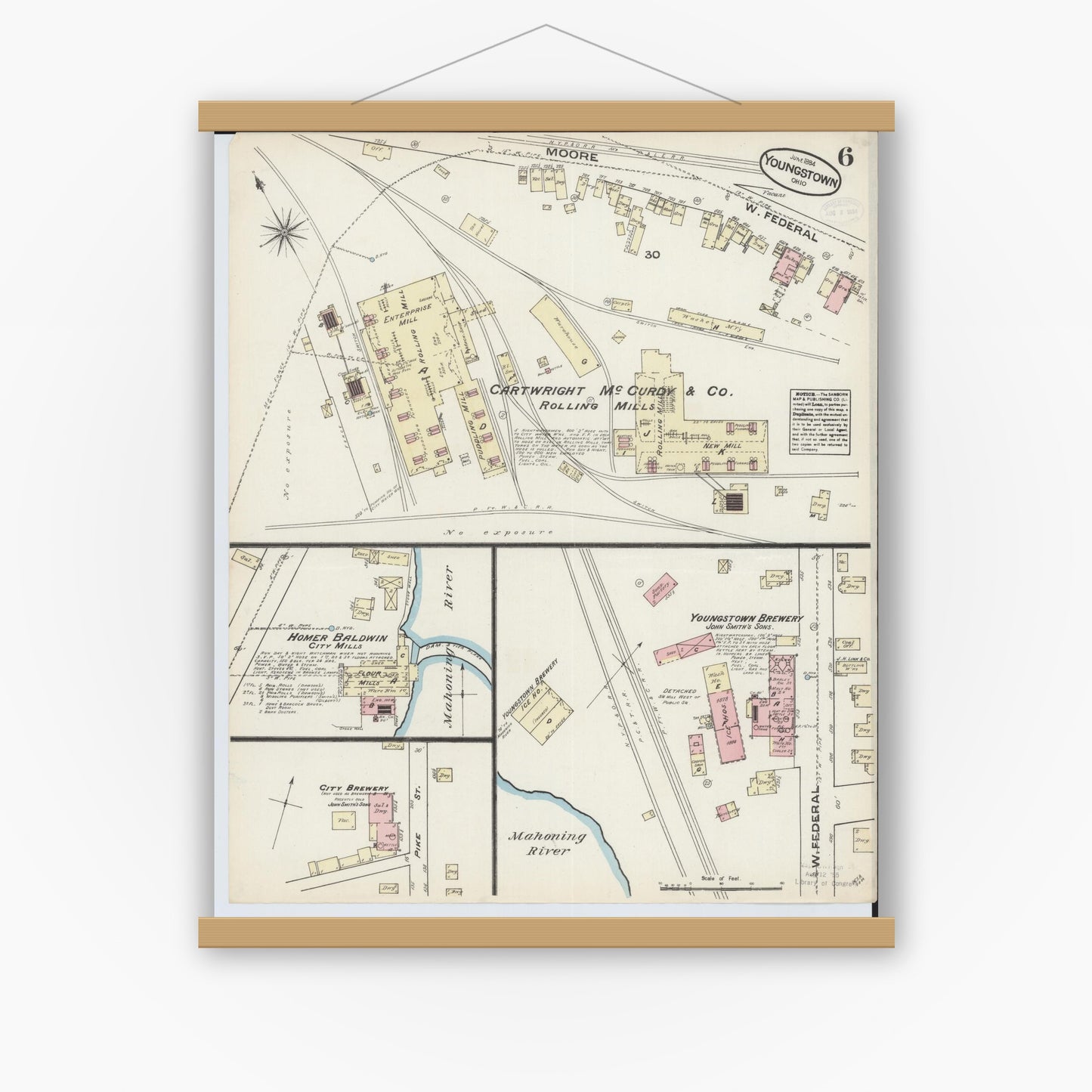 Old map wall art mockup — magnetic wood frame on white wall — Sanborn Fire Insurance Map from Youngstown, Mahoning County, Ohio (1884), Sheet #0006