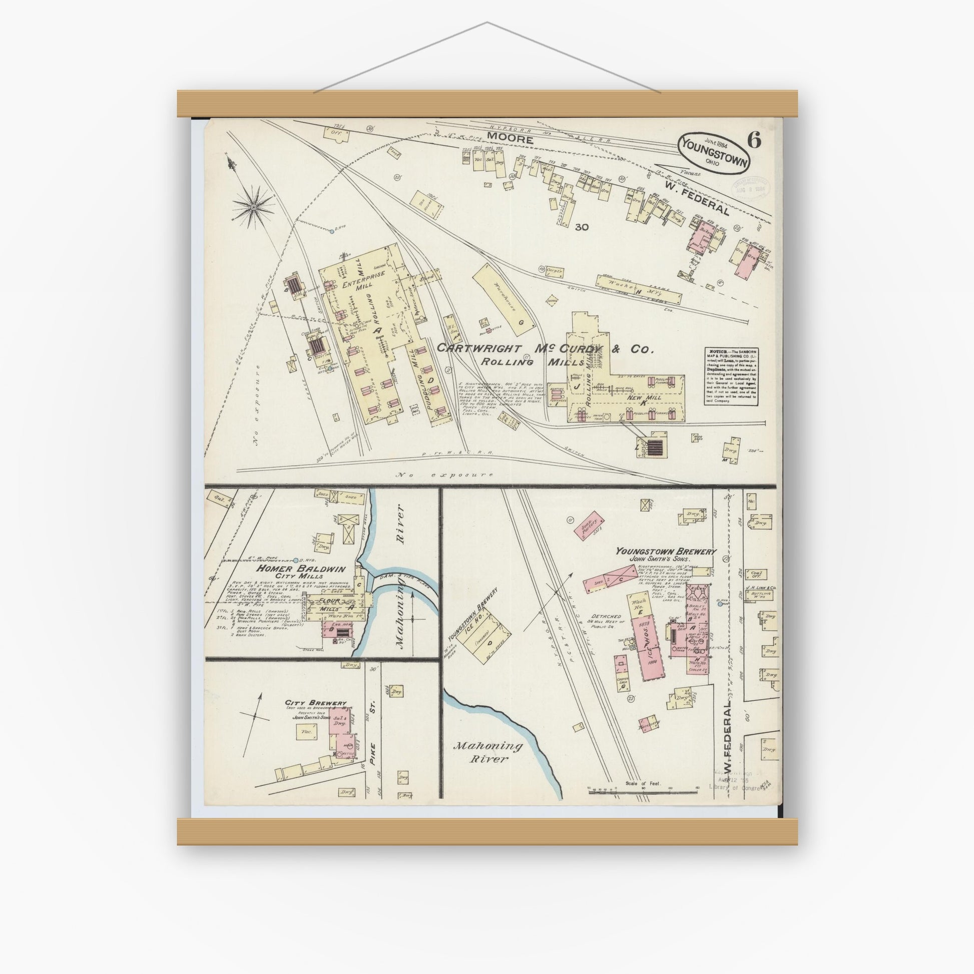 Old map wall art mockup — magnetic wood frame on white wall — Sanborn Fire Insurance Map from Youngstown, Mahoning County, Ohio (1884), Sheet #0006