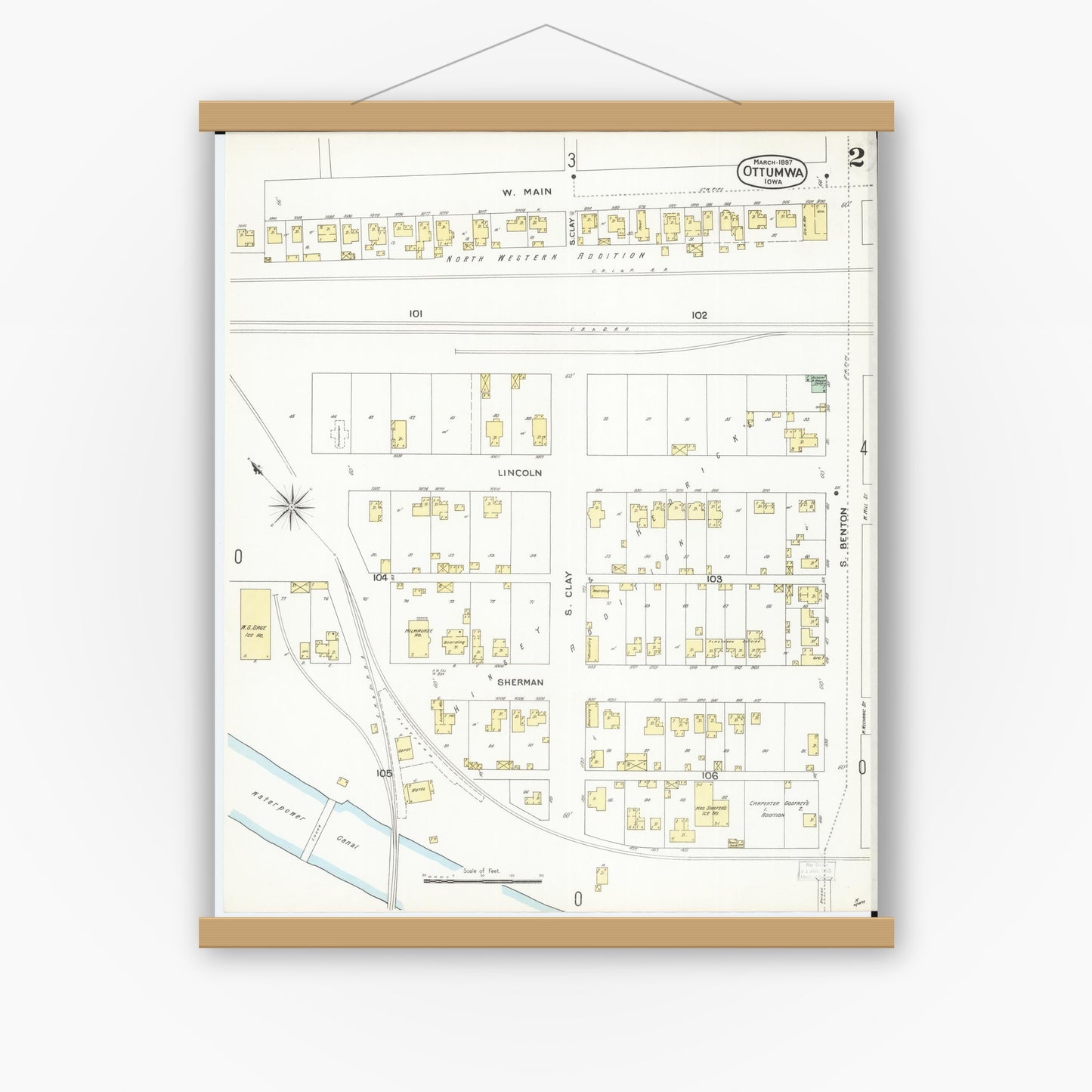 Old map wall art mockup — magnetic wood frame on white wall — Sanborn Fire Insurance Map from Ottumwa, Wapello County, Iowa (1897), Sheet #0002