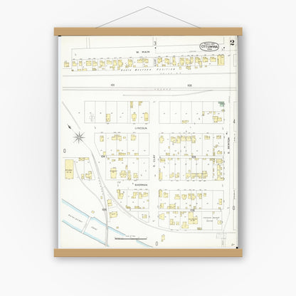 Old map wall art mockup — magnetic wood frame on white wall — Sanborn Fire Insurance Map from Ottumwa, Wapello County, Iowa (1897), Sheet #0002