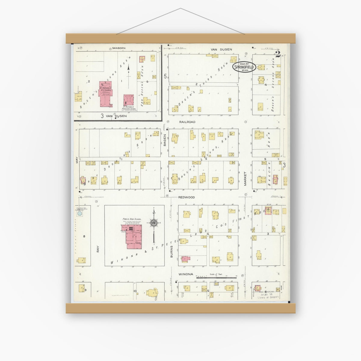 Old map wall art mockup — magnetic wood frame on white wall — Sanborn Fire Insurance Map from Springfield, Brown County, Minnesota (1917), Sheet #0002