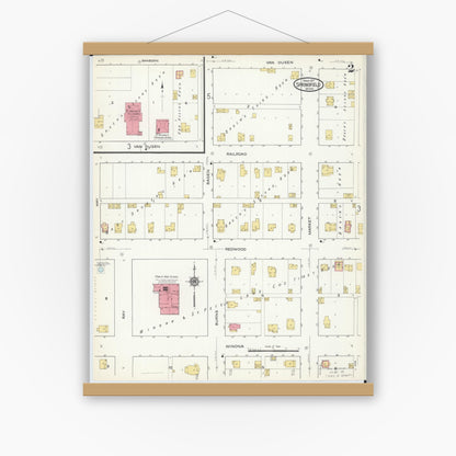 Old map wall art mockup — magnetic wood frame on white wall — Sanborn Fire Insurance Map from Springfield, Brown County, Minnesota (1917), Sheet #0002
