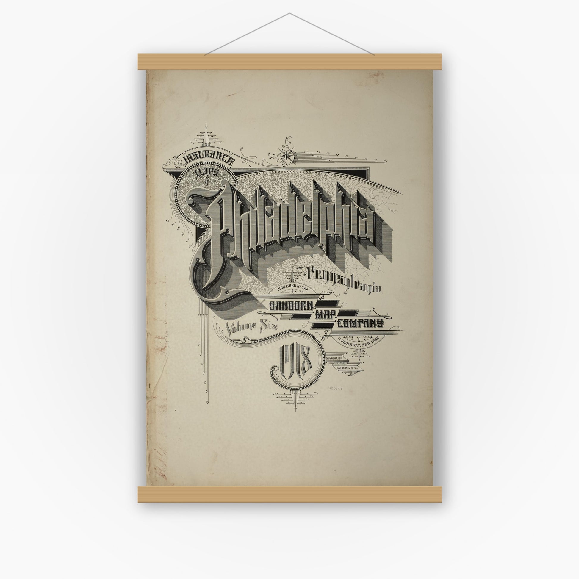 Old map wall art mockup — magnetic wood frame on white wall — Sanborn Fire Insurance Map from Philadelphia, Philadelphia County, Pennsylvania (1918), Sheet #0001