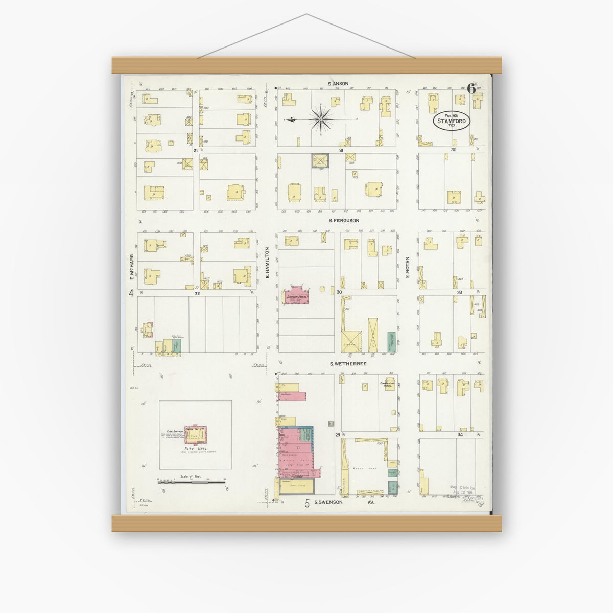 Old map wall art mockup — magnetic wood frame on white wall — Sanborn Fire Insurance Map from Stamford, Jones County, Texas (1908), Sheet #0006