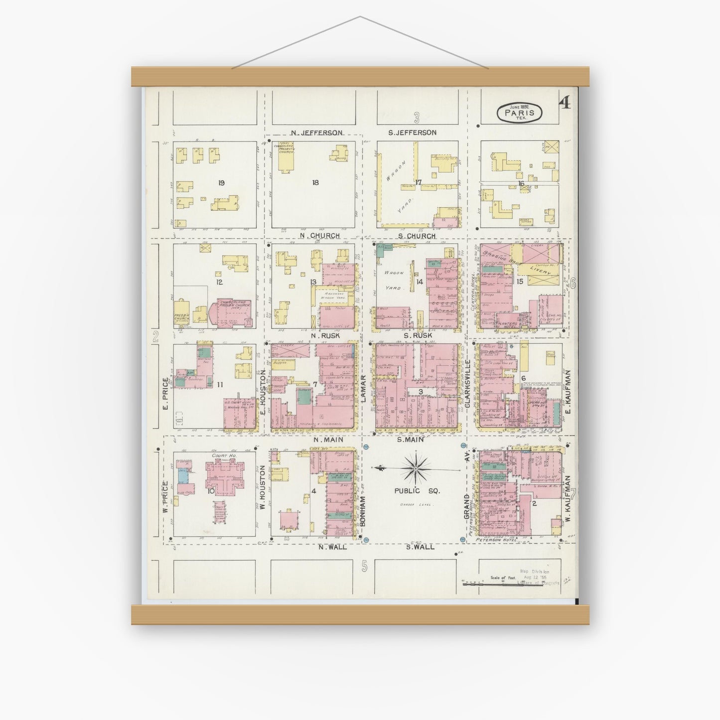 Old map wall art mockup — magnetic wood frame on white wall — Sanborn Fire Insurance Map from Paris, Lamar County, Texas (1892), Sheet #0004