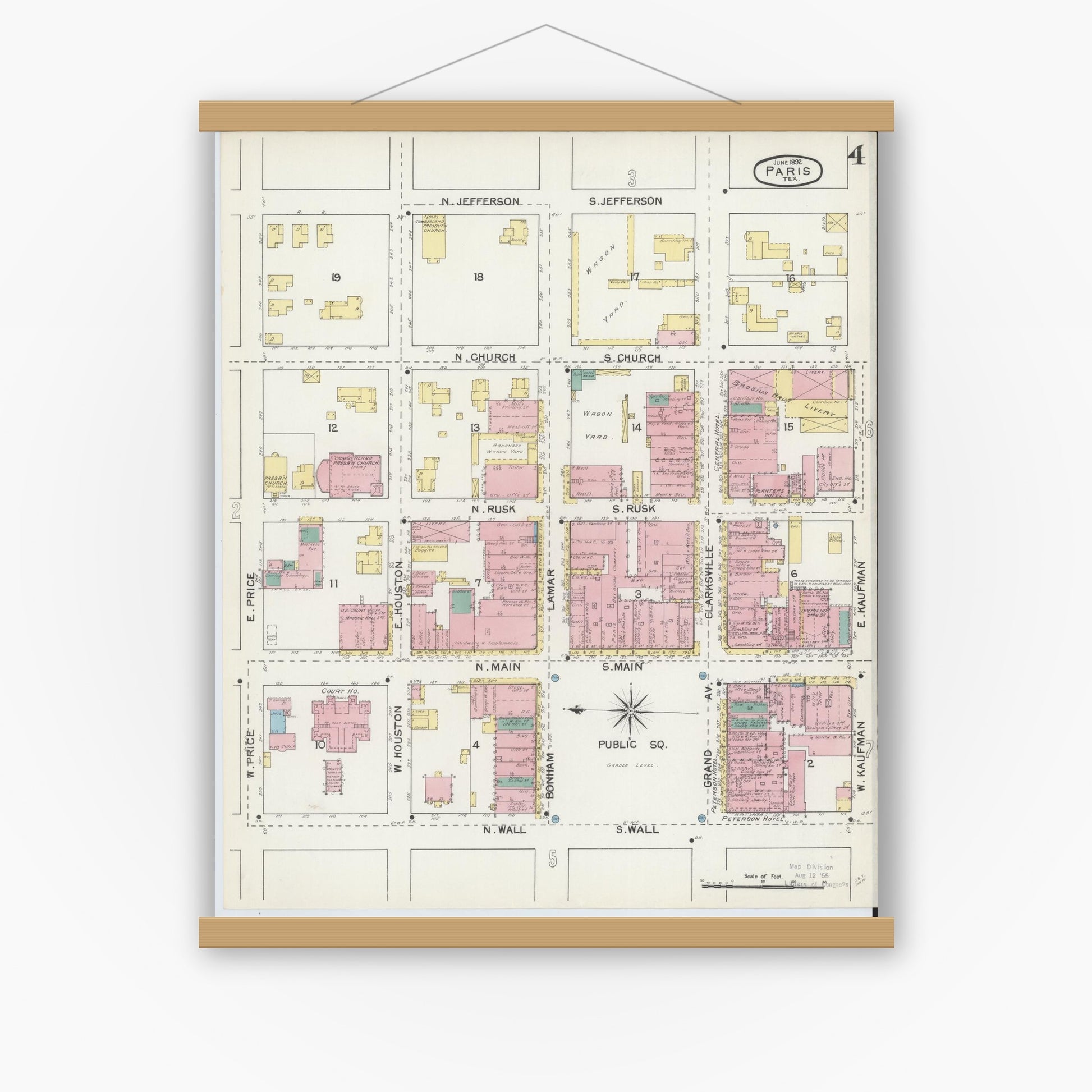 Old map wall art mockup — magnetic wood frame on white wall — Sanborn Fire Insurance Map from Paris, Lamar County, Texas (1892), Sheet #0004