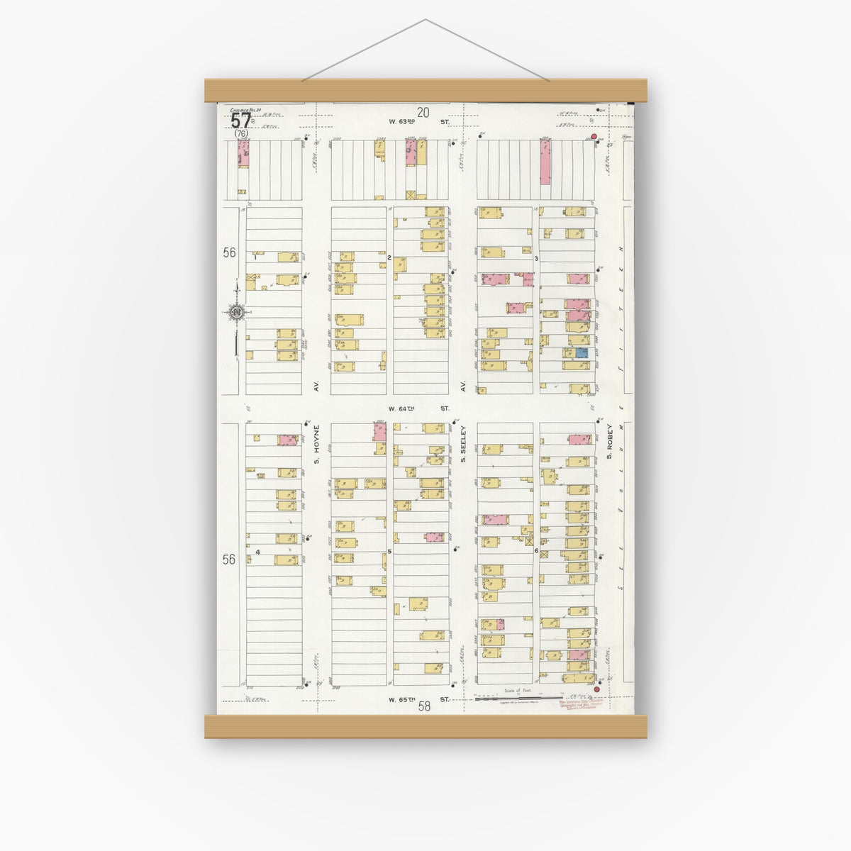 Old map wall art mockup — magnetic wood frame on white wall — Sanborn Fire Insurance Map from Chicago, Cook County, Illinois (1920), Sheet #0057