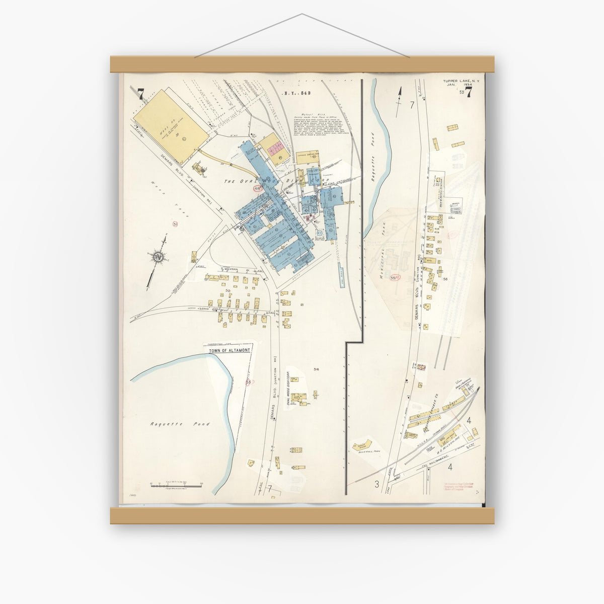 Old map wall art mockup — magnetic wood frame on white wall — Sanborn Fire Insurance Map from Tupper Lake, Franklin County, New York (1950), Sheet #0007