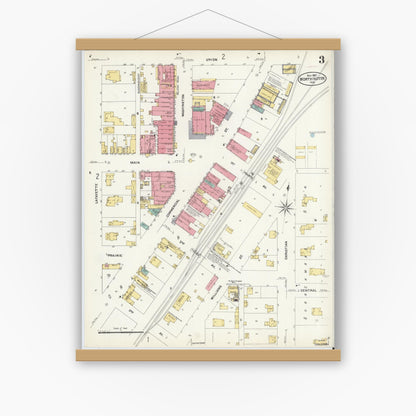 Old map wall art mockup — magnetic wood frame on white wall — Sanborn Fire Insurance Map from Worthington, Greene County, Indiana (1907), Sheet #0003
