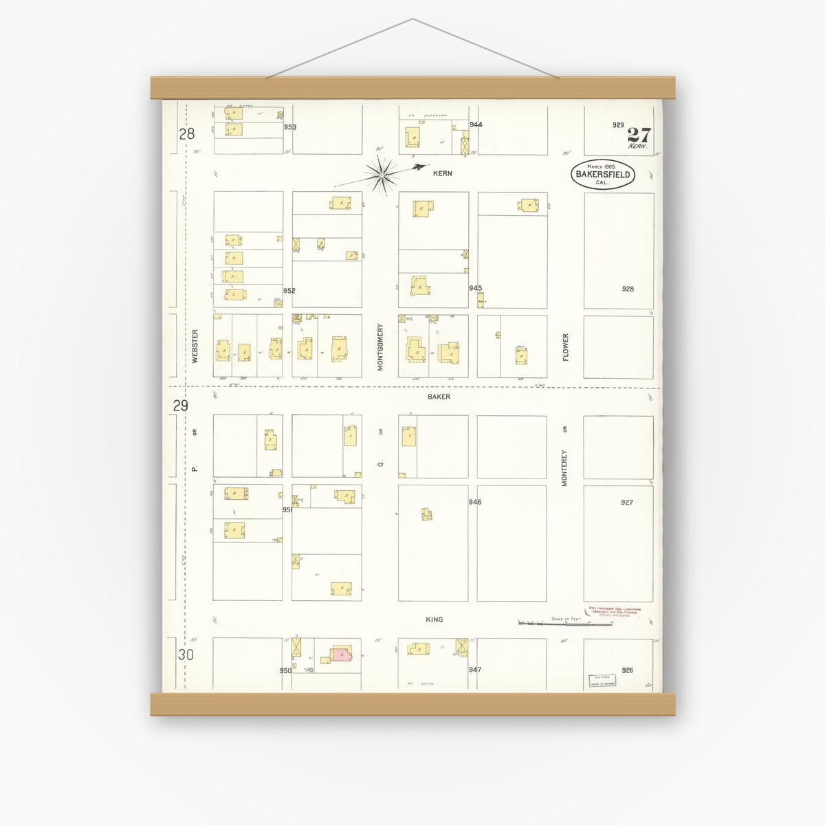 Old map wall art mockup — magnetic wood frame on white wall — Sanborn Fire Insurance Map from Bakersfield, Kern County, California (1905), Sheet #0027
