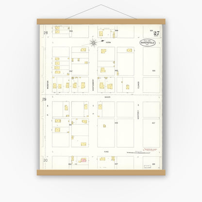 Old map wall art mockup — magnetic wood frame on white wall — Sanborn Fire Insurance Map from Bakersfield, Kern County, California (1905), Sheet #0027