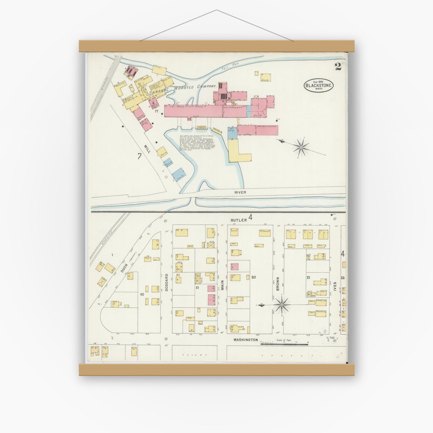 Old map wall art mockup — magnetic wood frame on white wall — Sanborn Fire Insurance Map from Blackstone, Worcester County, Massachusetts (1898), Sheet #0002