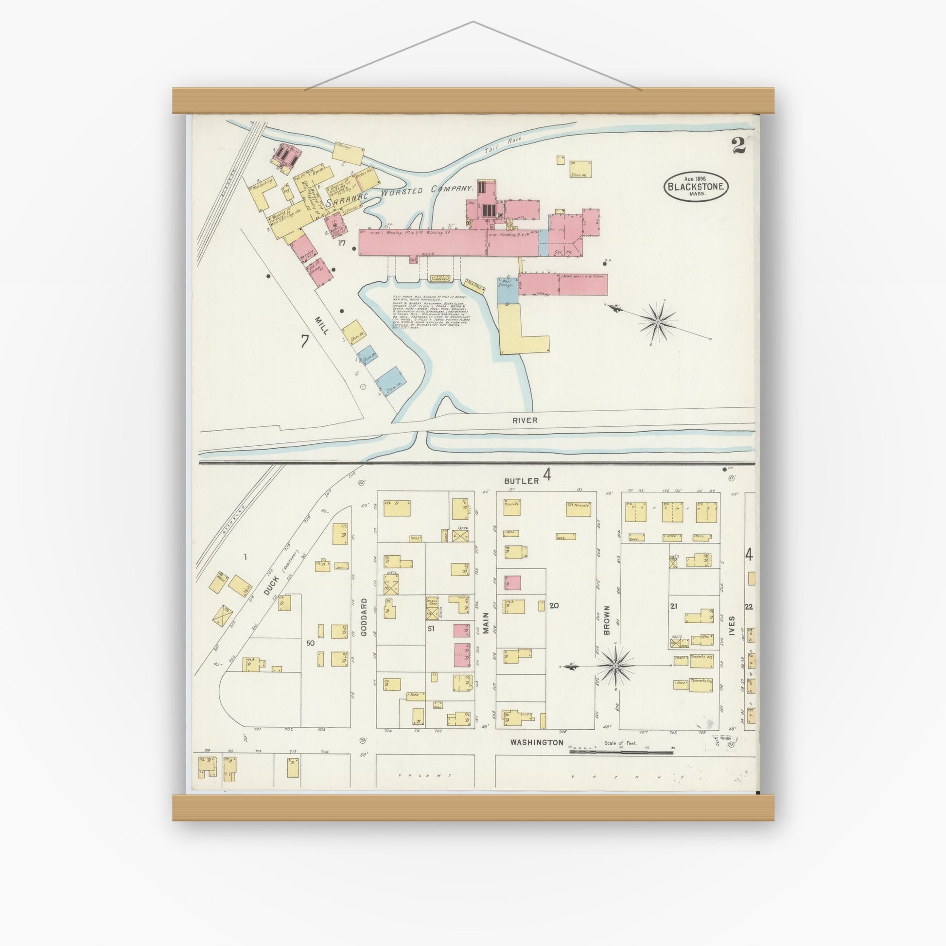 Old map wall art mockup — magnetic wood frame on white wall — Sanborn Fire Insurance Map from Blackstone, Worcester County, Massachusetts (1898), Sheet #0002