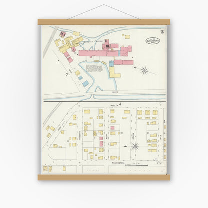 Old map wall art mockup — magnetic wood frame on white wall — Sanborn Fire Insurance Map from Blackstone, Worcester County, Massachusetts (1898), Sheet #0002