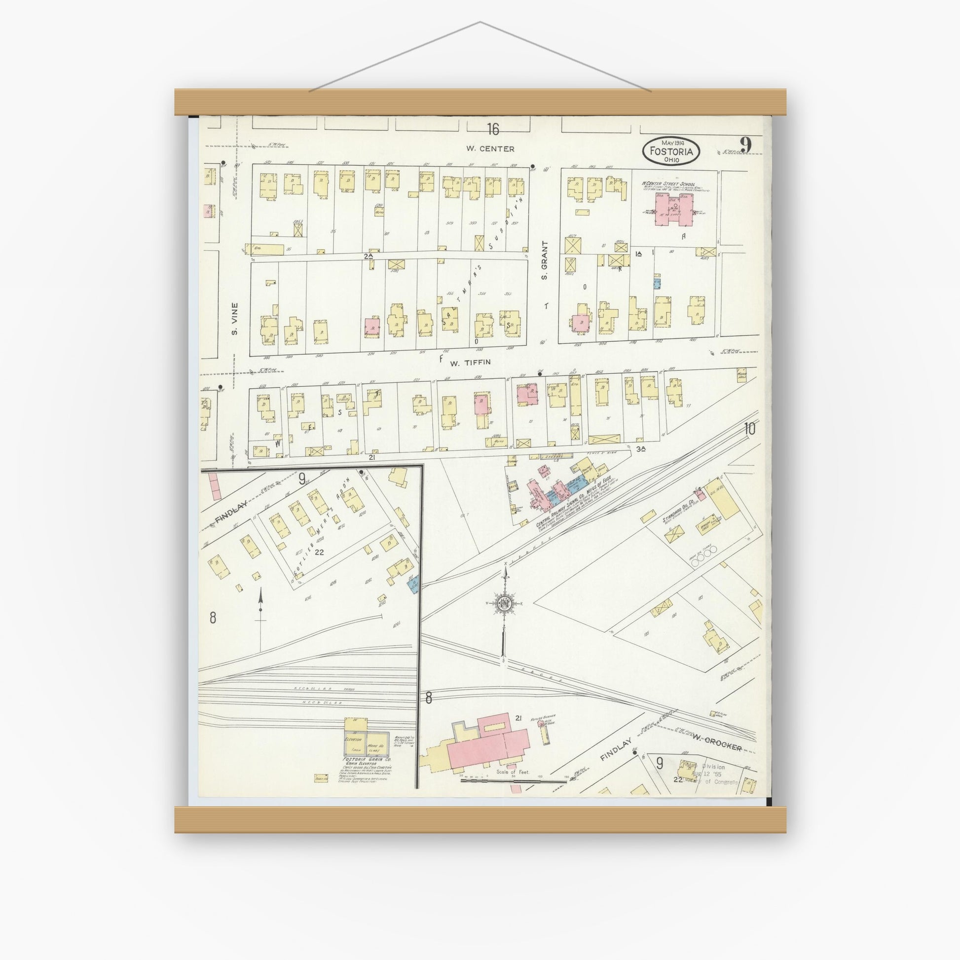Old map wall art mockup — magnetic wood frame on white wall — Sanborn Fire Insurance Map from Fostoria, Seneca, Hancock, And Wood Counties, Ohio (1914), Sheet #0009