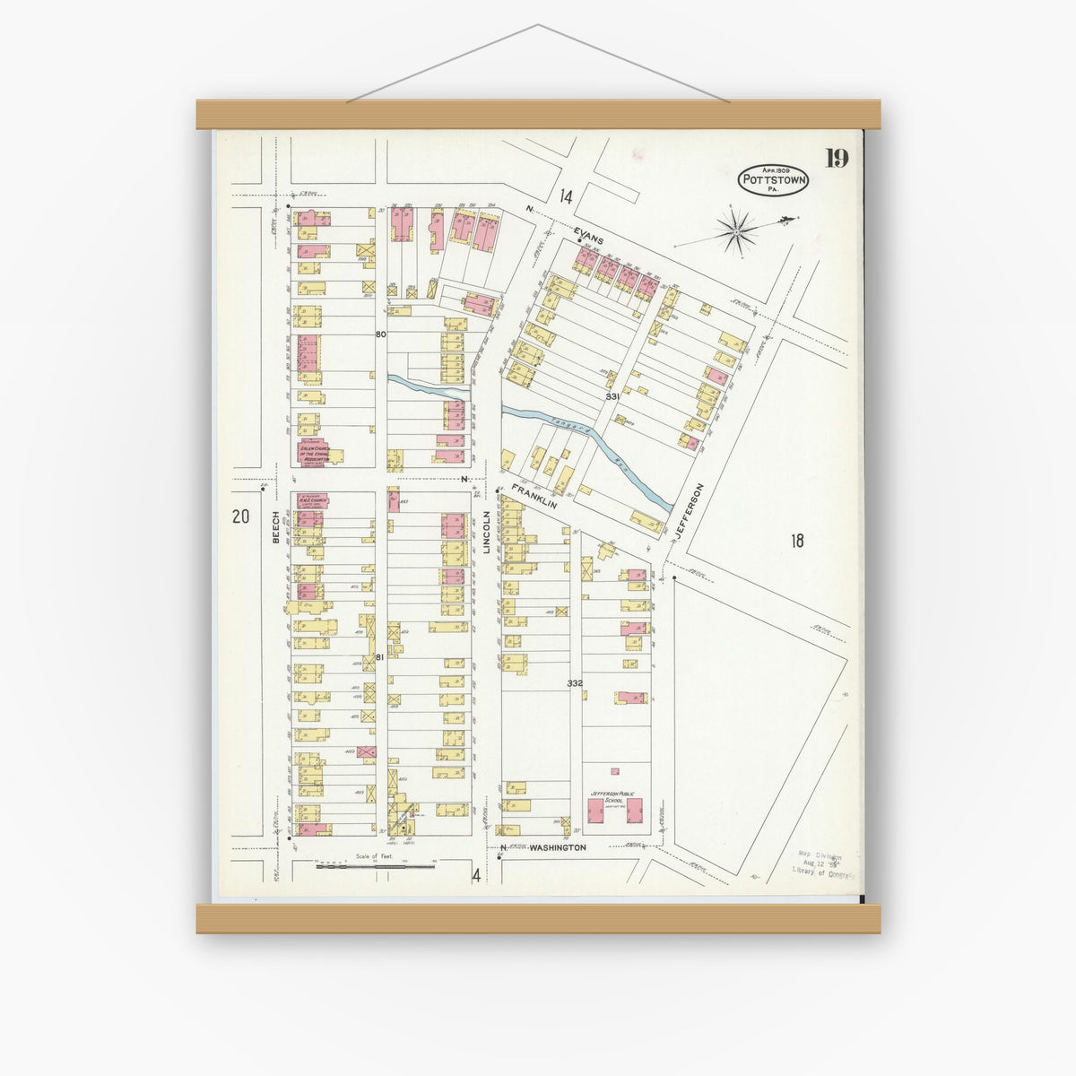 Old map wall art mockup — magnetic wood frame on white wall — Sanborn Fire Insurance Map from Pottstown, Montgomery County, Pennsylvania (1909), Sheet #0019