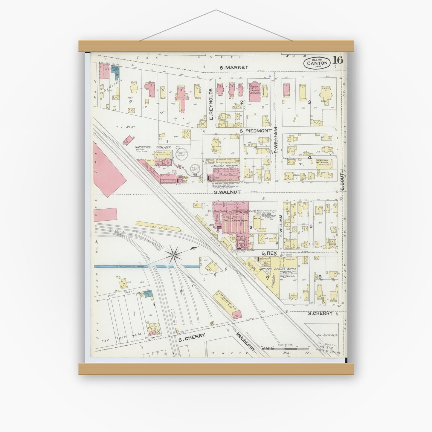 Old map wall art mockup — magnetic wood frame on white wall — Sanborn Fire Insurance Map from Canton, Stark County, Ohio (1891), Sheet #0016