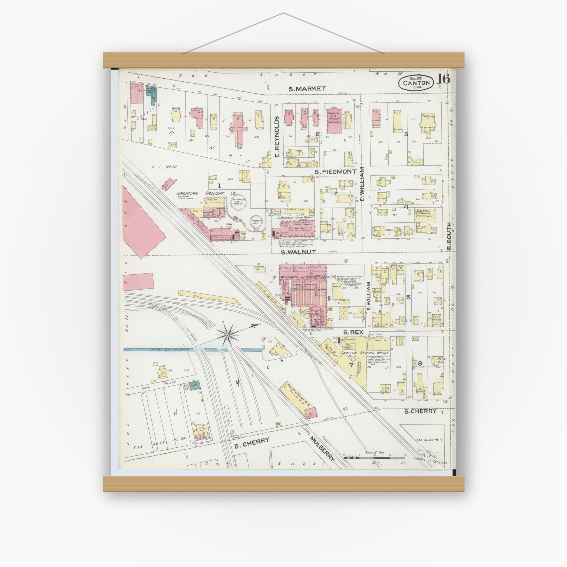 Old map wall art mockup — magnetic wood frame on white wall — Sanborn Fire Insurance Map from Canton, Stark County, Ohio (1891), Sheet #0016