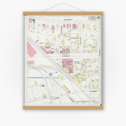 Old map wall art mockup — magnetic wood frame on white wall — Sanborn Fire Insurance Map from Canton, Stark County, Ohio (1891), Sheet #0016