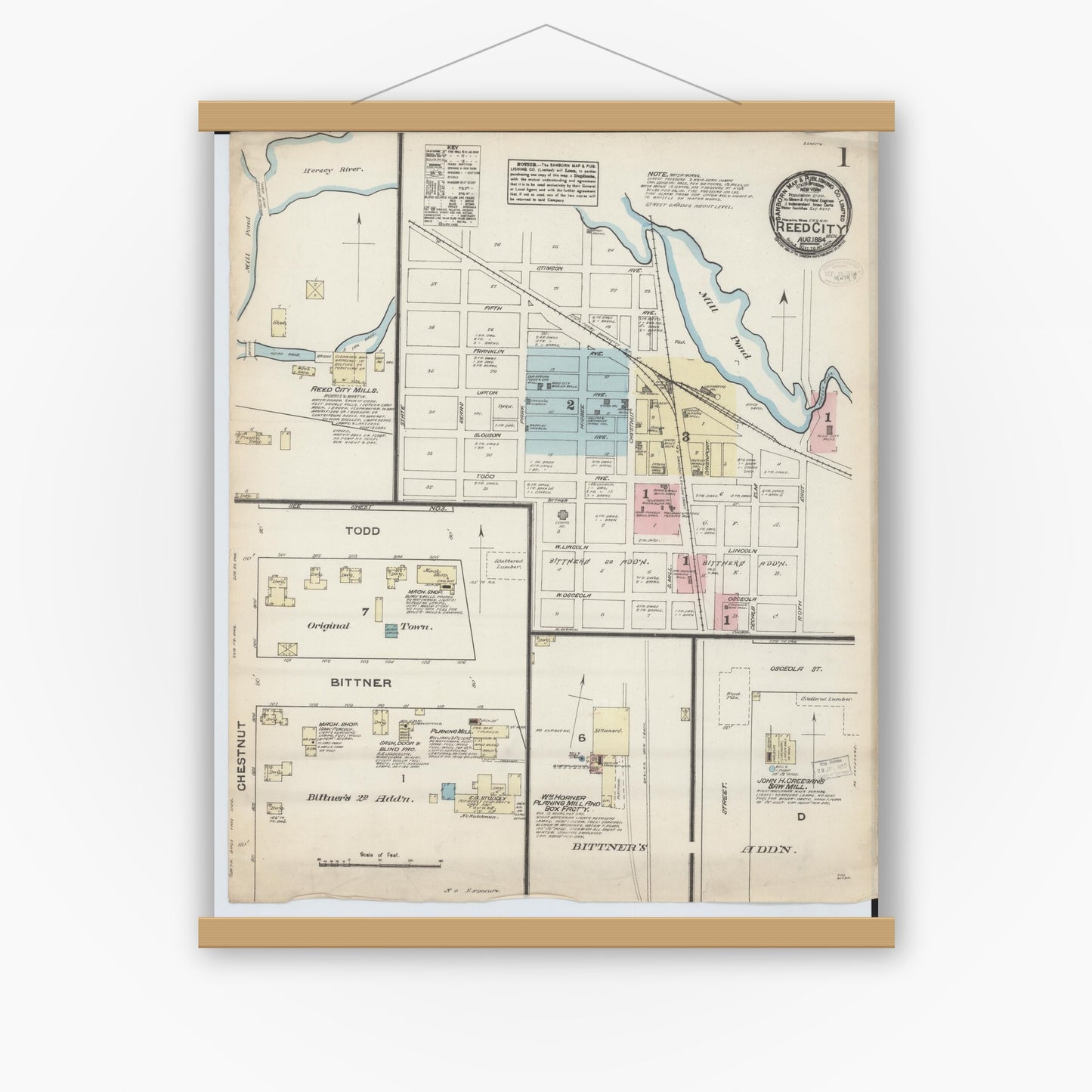 Old map wall art mockup — magnetic wood frame on white wall — Sanborn Fire Insurance Map from Reed City, Osceola County, Michigan (1884) - Complete Map Set