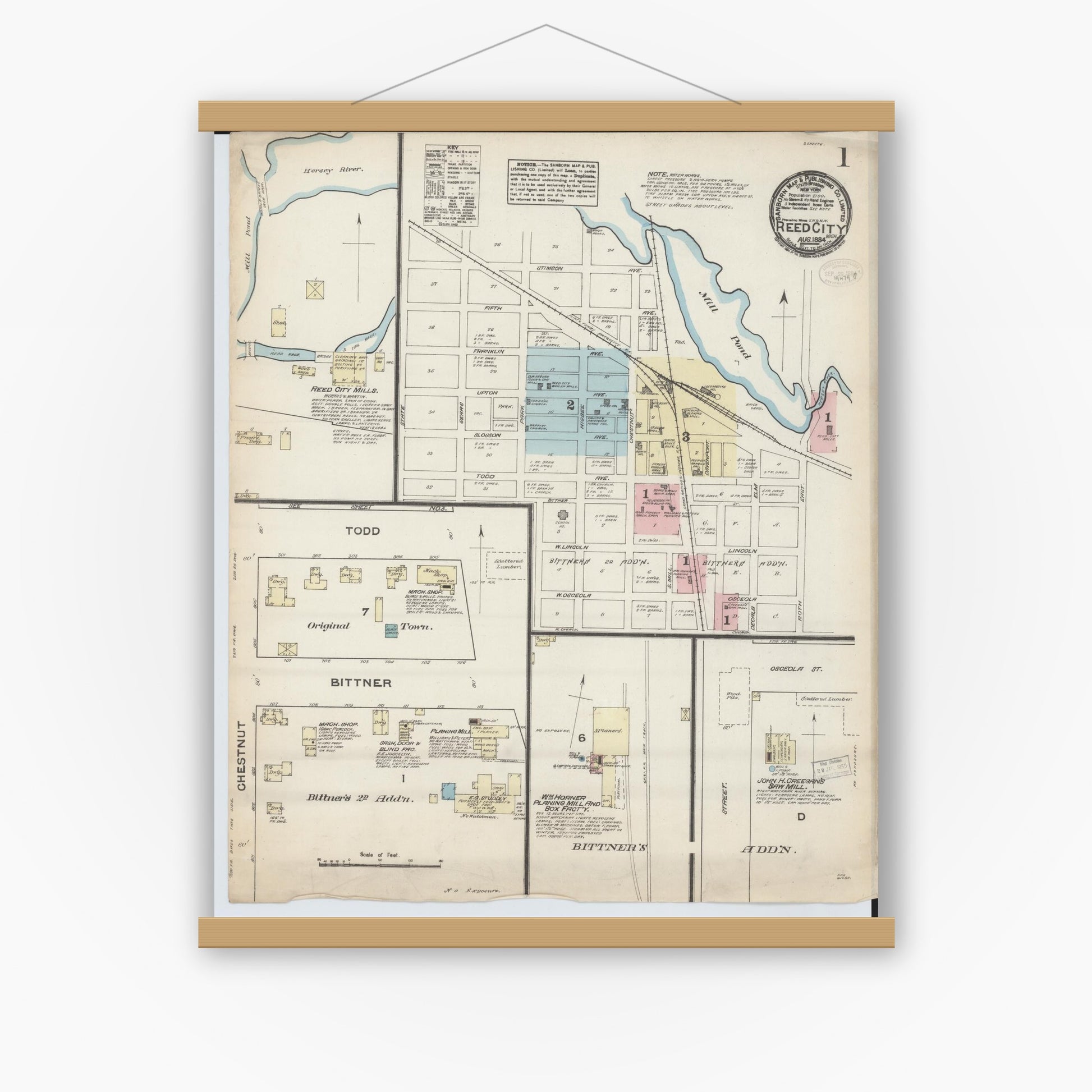 Old map wall art mockup — magnetic wood frame on white wall — Sanborn Fire Insurance Map from Reed City, Osceola County, Michigan (1884) - Complete Map Set