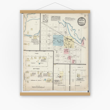 Old map wall art mockup — magnetic wood frame on white wall — Sanborn Fire Insurance Map from Reed City, Osceola County, Michigan (1884) - Complete Map Set