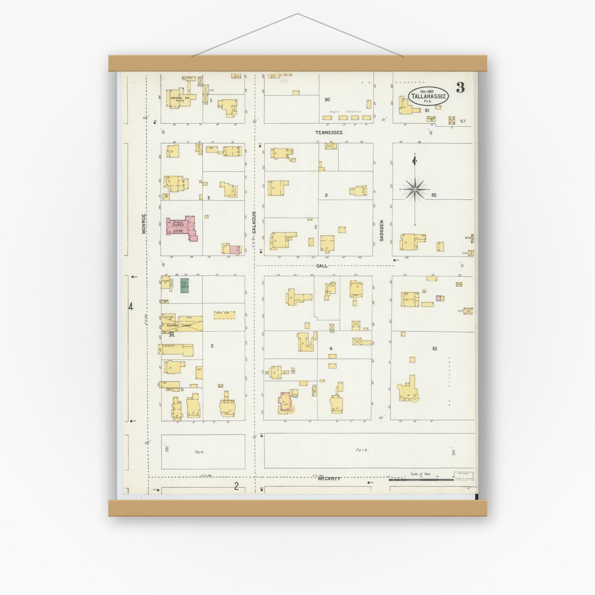 Old map wall art mockup — magnetic wood frame on white wall — Sanborn Fire Insurance Map from Tallahassee, Leon County, Florida (1903), Sheet #0003