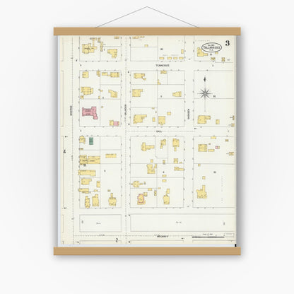Old map wall art mockup — magnetic wood frame on white wall — Sanborn Fire Insurance Map from Tallahassee, Leon County, Florida (1903), Sheet #0003
