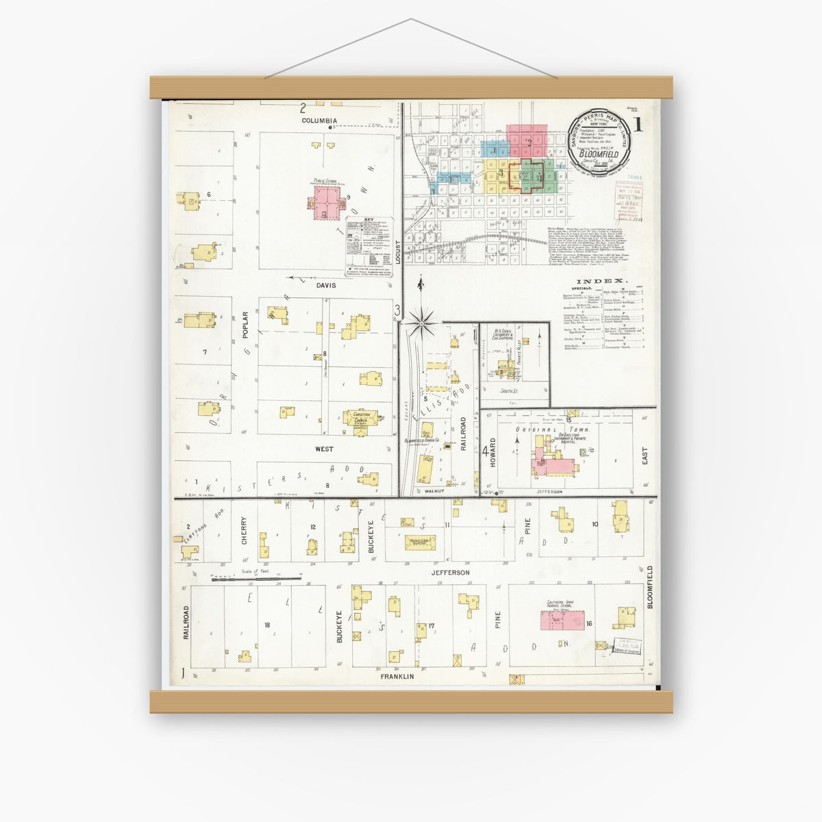 Old map wall art mockup — magnetic wood frame on white wall — Sanborn Fire Insurance Map from Bloomfield, Davis County, Iowa (1900) â€” Complete Set