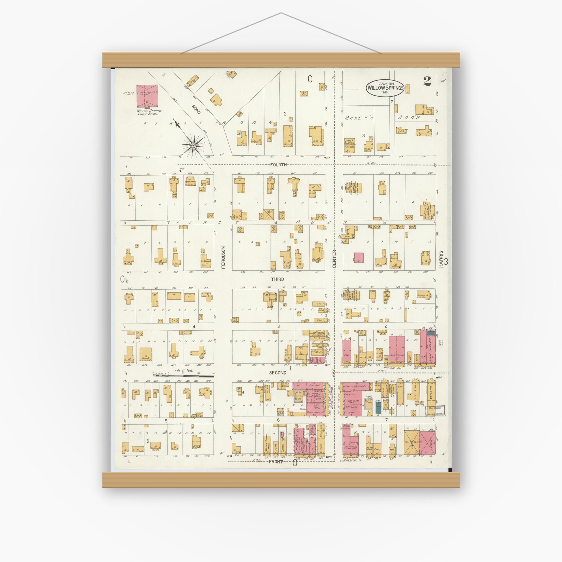 Old map wall art mockup — magnetic wood frame on white wall — Sanborn Fire Insurance Map from Willow Springs, Howell County, Missouri (1906), Sheet #0002