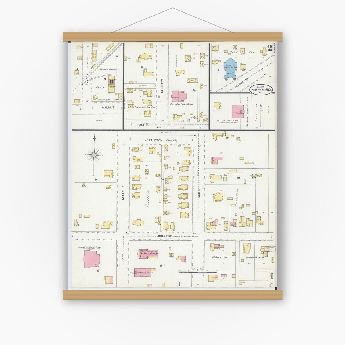 Old map wall art mockup — magnetic wood frame on white wall — Sanborn Fire Insurance Map from Independence, Jackson County, Missouri (1898), Sheet #0002