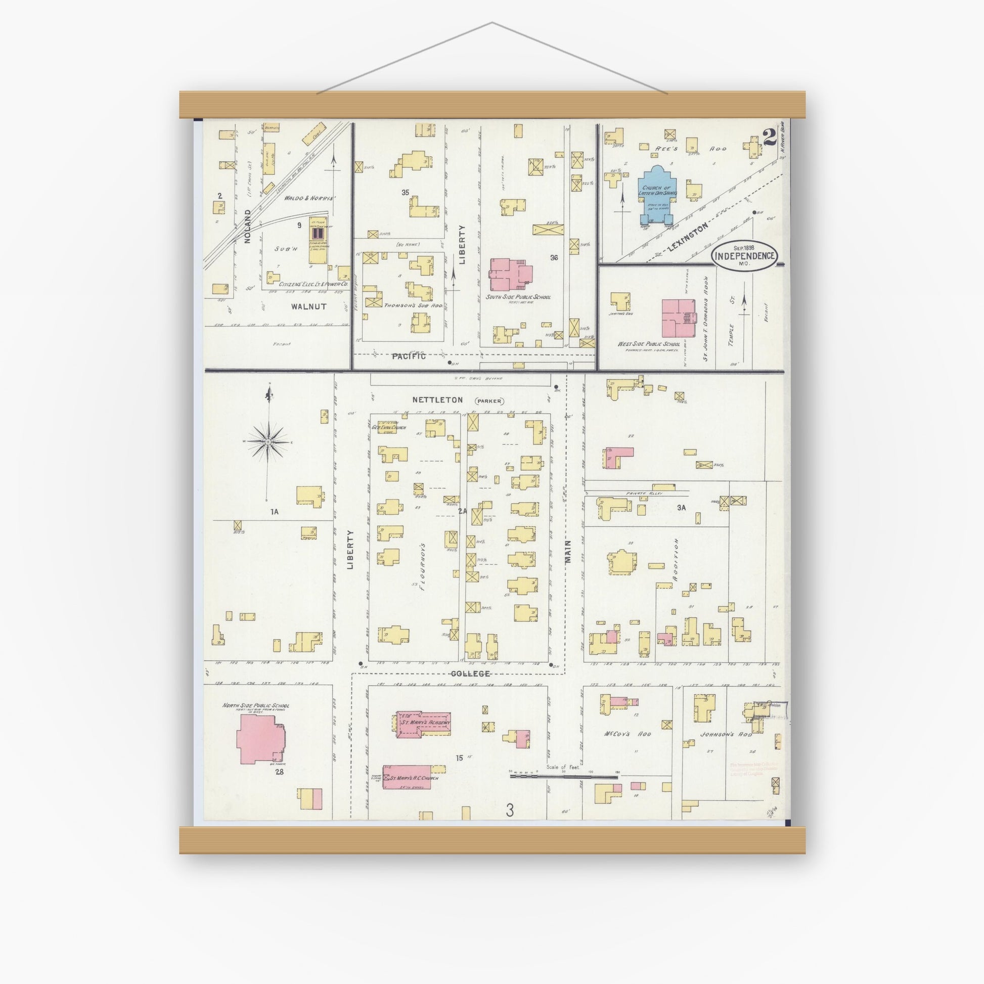 Old map wall art mockup — magnetic wood frame on white wall — Sanborn Fire Insurance Map from Independence, Jackson County, Missouri (1898), Sheet #0002