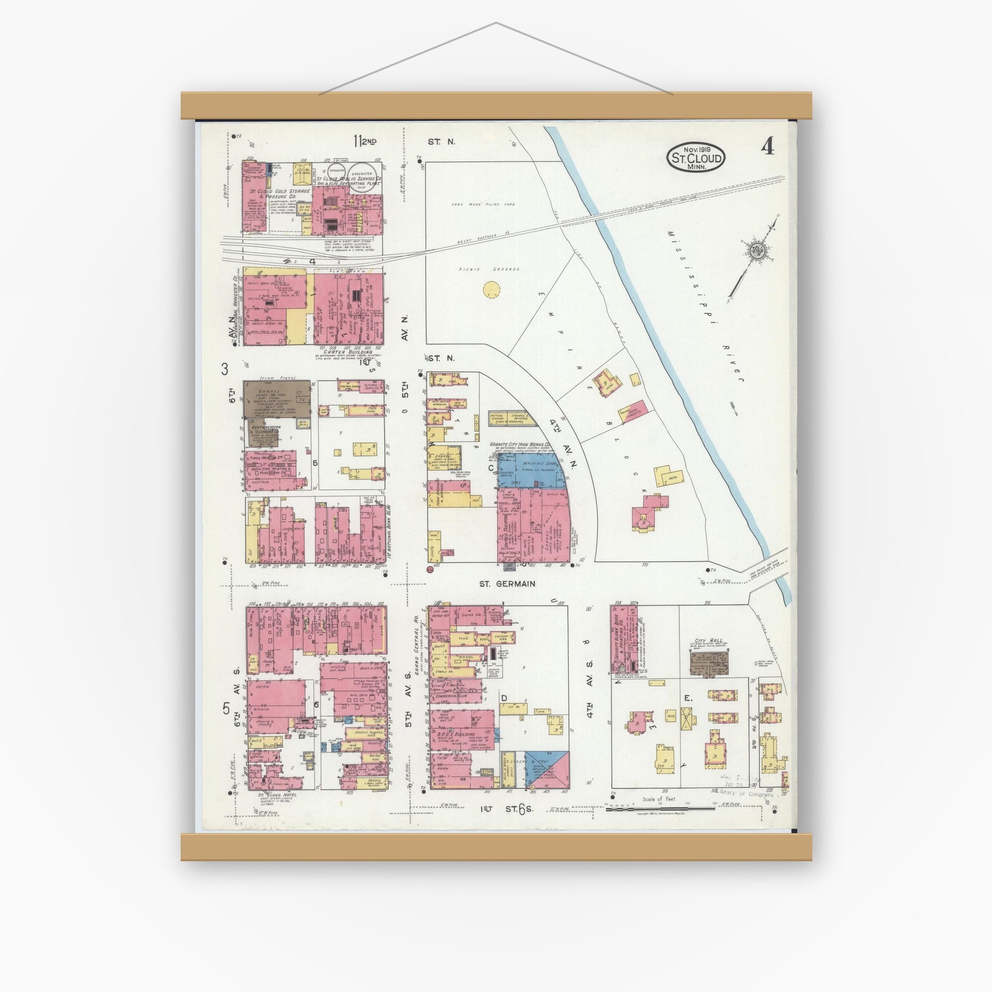 Old map wall art mockup — magnetic wood frame on white wall — Sanborn Fire Insurance Map from Saint Cloud, Stearns, Benton, and Sherburne Counties, Minnesota (1919), Sheet #0004