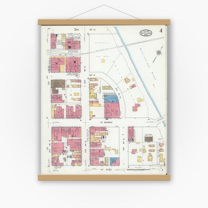 Old map wall art mockup — magnetic wood frame on white wall — Sanborn Fire Insurance Map from Saint Cloud, Stearns, Benton, and Sherburne Counties, Minnesota (1919), Sheet #0004
