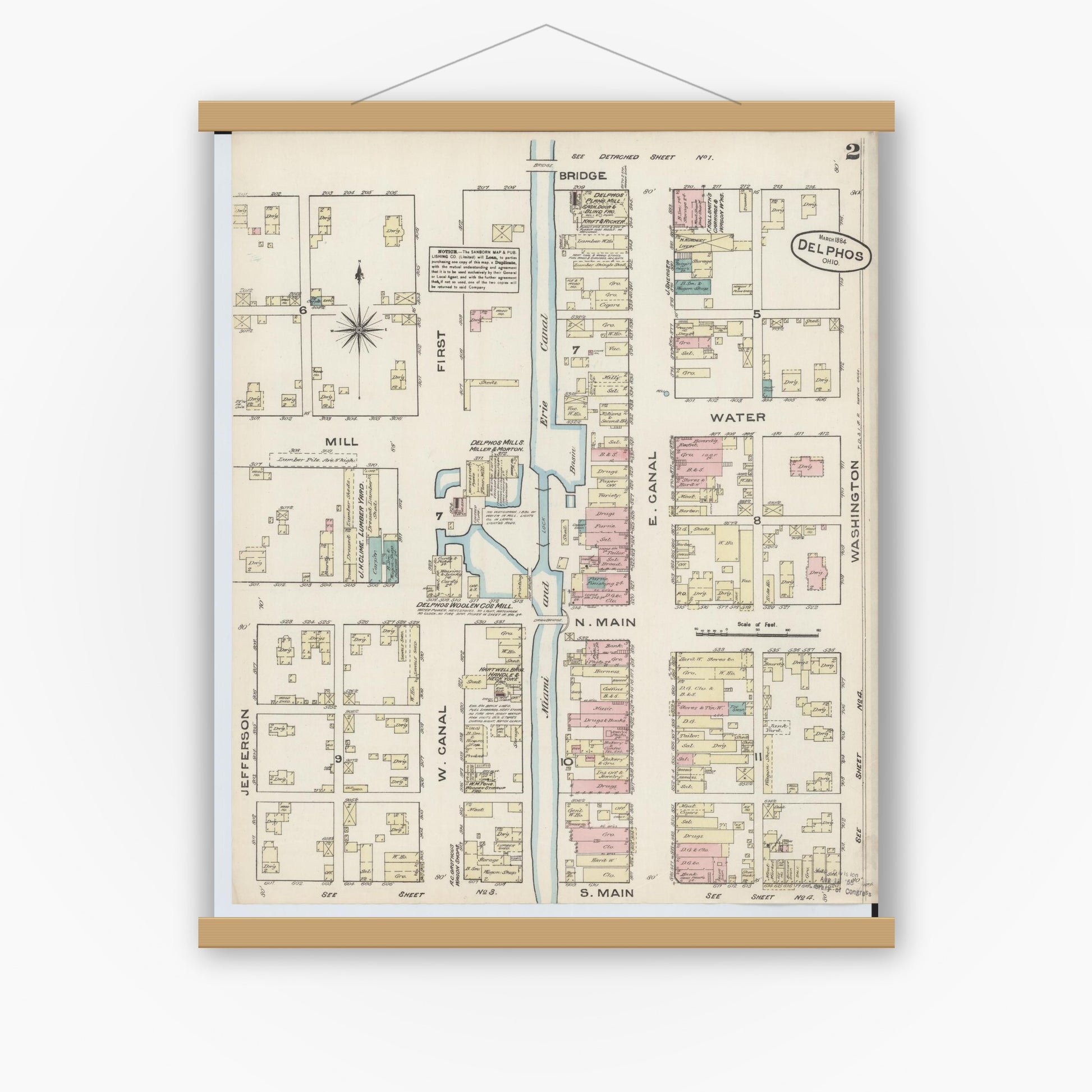 Old map wall art mockup — magnetic wood frame on white wall — Sanborn Fire Insurance Map from Delphos, Van Wert And Allen Counties, Ohio (1884), Sheet #0002