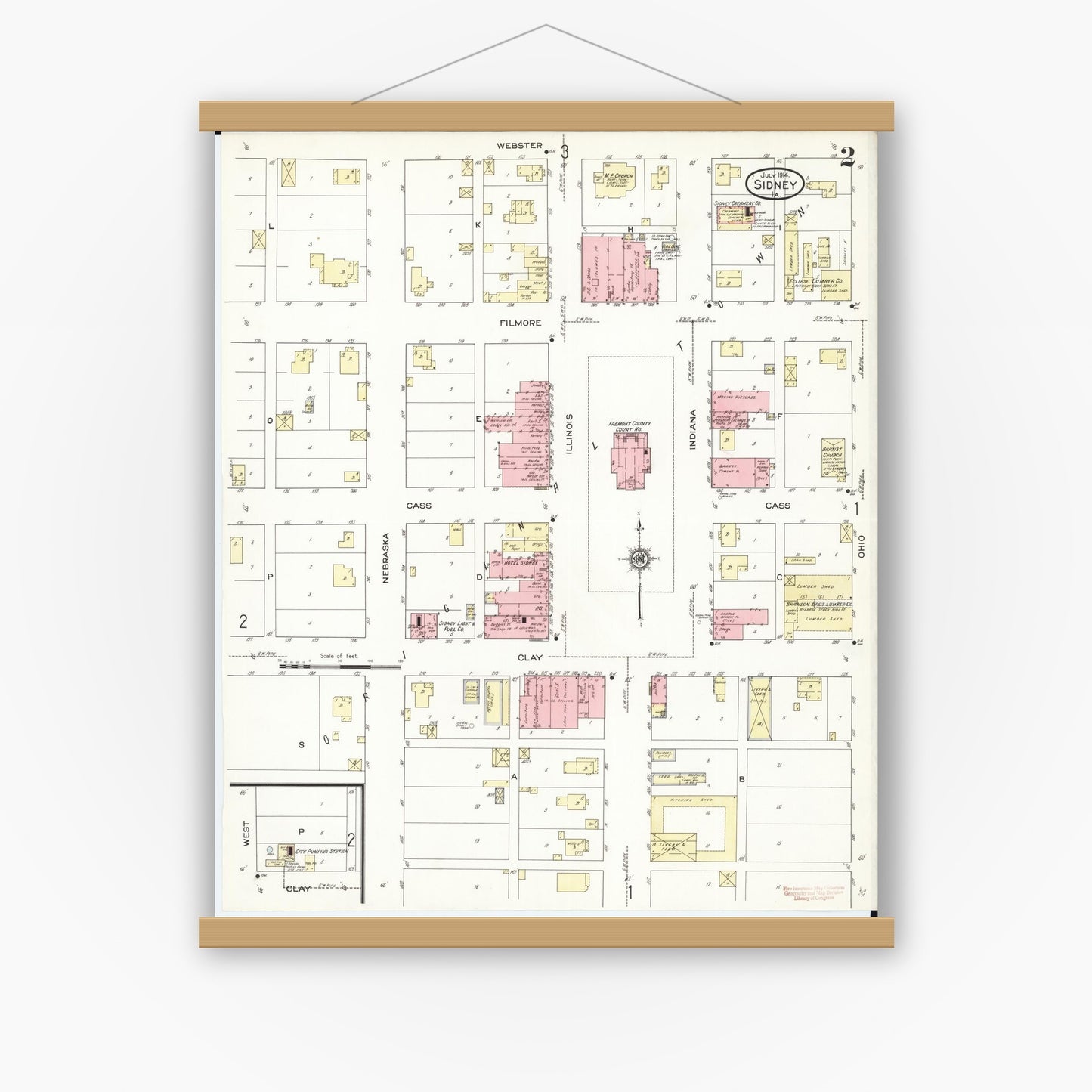 Old map wall art mockup — magnetic wood frame on white wall — Sanborn Fire Insurance Map from Sidney, Fremont County, Iowa (1914), Sheet #0002