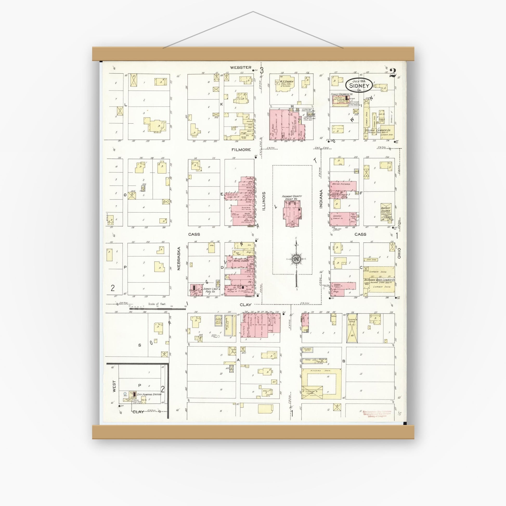 Old map wall art mockup — magnetic wood frame on white wall — Sanborn Fire Insurance Map from Sidney, Fremont County, Iowa (1914), Sheet #0002