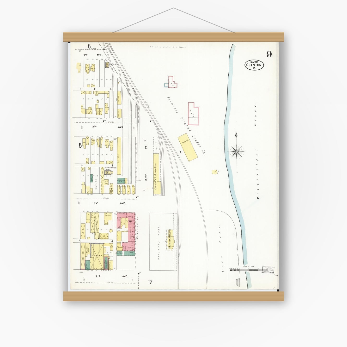 Old map wall art mockup — magnetic wood frame on white wall — Sanborn Fire Insurance Map from Clinton, Clinton County, Iowa (1902), Sheet #0009