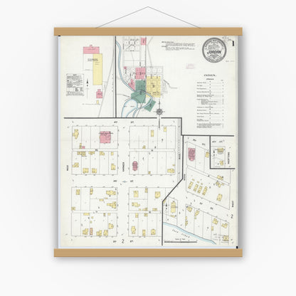 Old map wall art mockup — magnetic wood frame on white wall — Sanborn Fire Insurance Map from Jordan, Scott County, Minnesota (1911), Sheet #0001