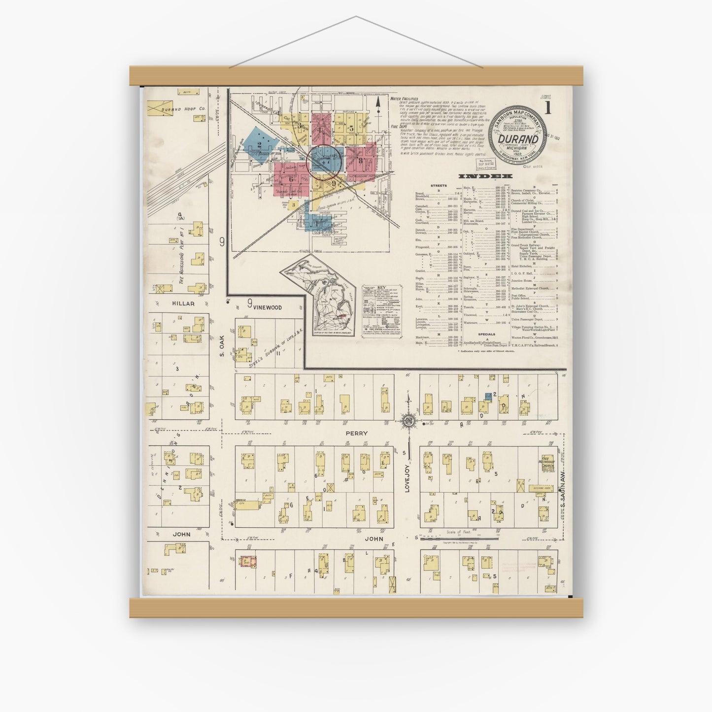 Old map wall art mockup — magnetic wood frame on white wall — Sanborn Fire Insurance Map from Durand, Shiawassee County, Michigan (1922) - Complete Map Set