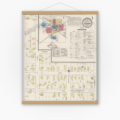 Old map wall art mockup — magnetic wood frame on white wall — Sanborn Fire Insurance Map from Durand, Shiawassee County, Michigan (1922) - Complete Map Set