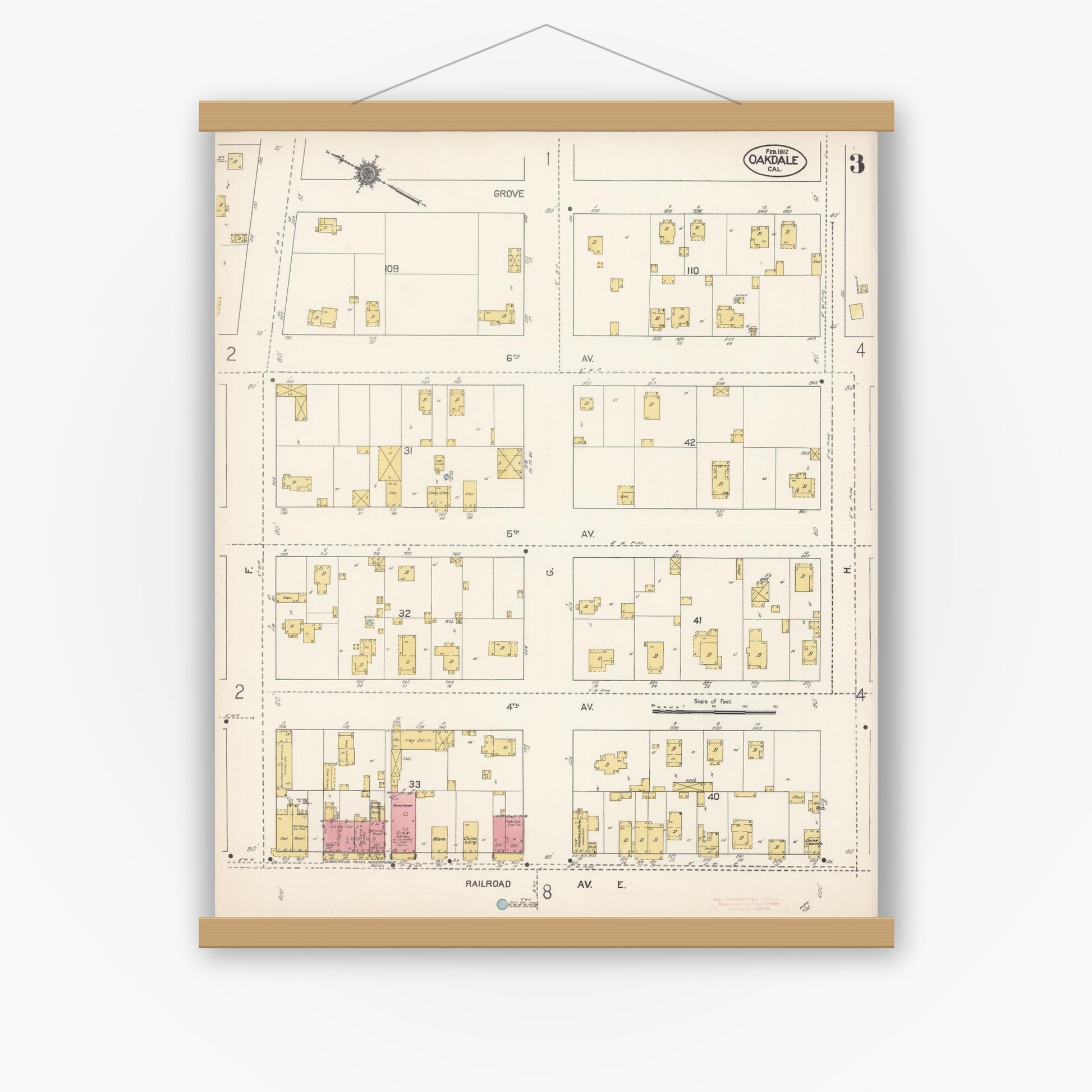 Old map wall art mockup — magnetic wood frame on white wall — Sanborn Fire Insurance Map from Oakdale, Stanislaus County, California (1912), Sheet #0003