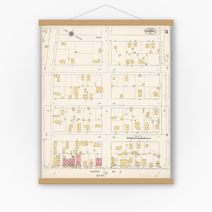 Old map wall art mockup — magnetic wood frame on white wall — Sanborn Fire Insurance Map from Oakdale, Stanislaus County, California (1912), Sheet #0003