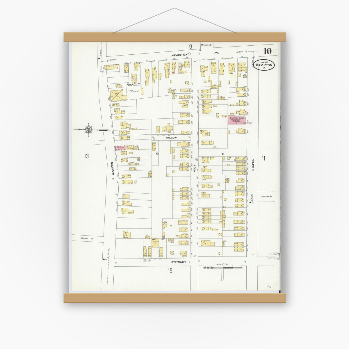 Old map wall art mockup — magnetic wood frame on white wall — Sanborn Fire Insurance Map from Hampton, Independent Cities, Virginia (1910), Sheet #0010