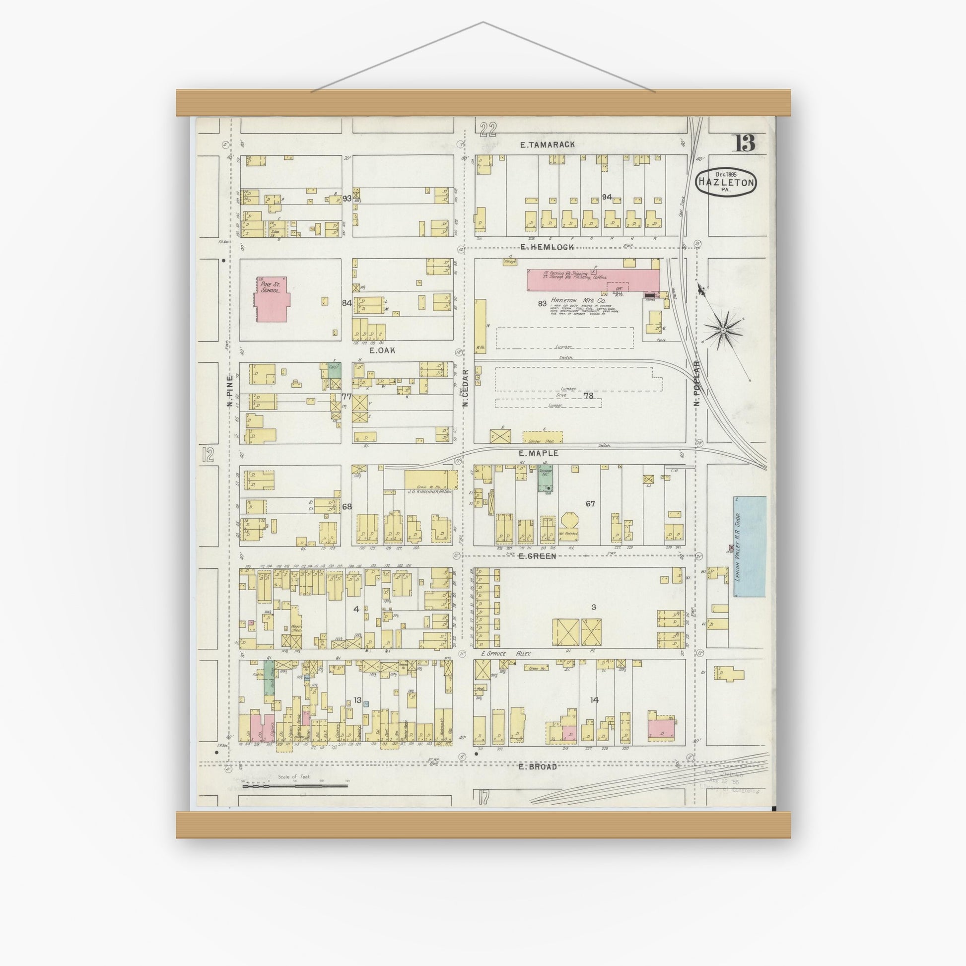 Old map wall art mockup — magnetic wood frame on white wall — Sanborn Fire Insurance Map from Hazleton, Luzerne County, Pennsylvania (1895), Sheet #0013
