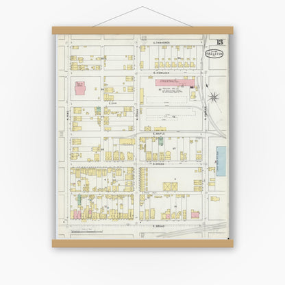 Old map wall art mockup — magnetic wood frame on white wall — Sanborn Fire Insurance Map from Hazleton, Luzerne County, Pennsylvania (1895), Sheet #0013