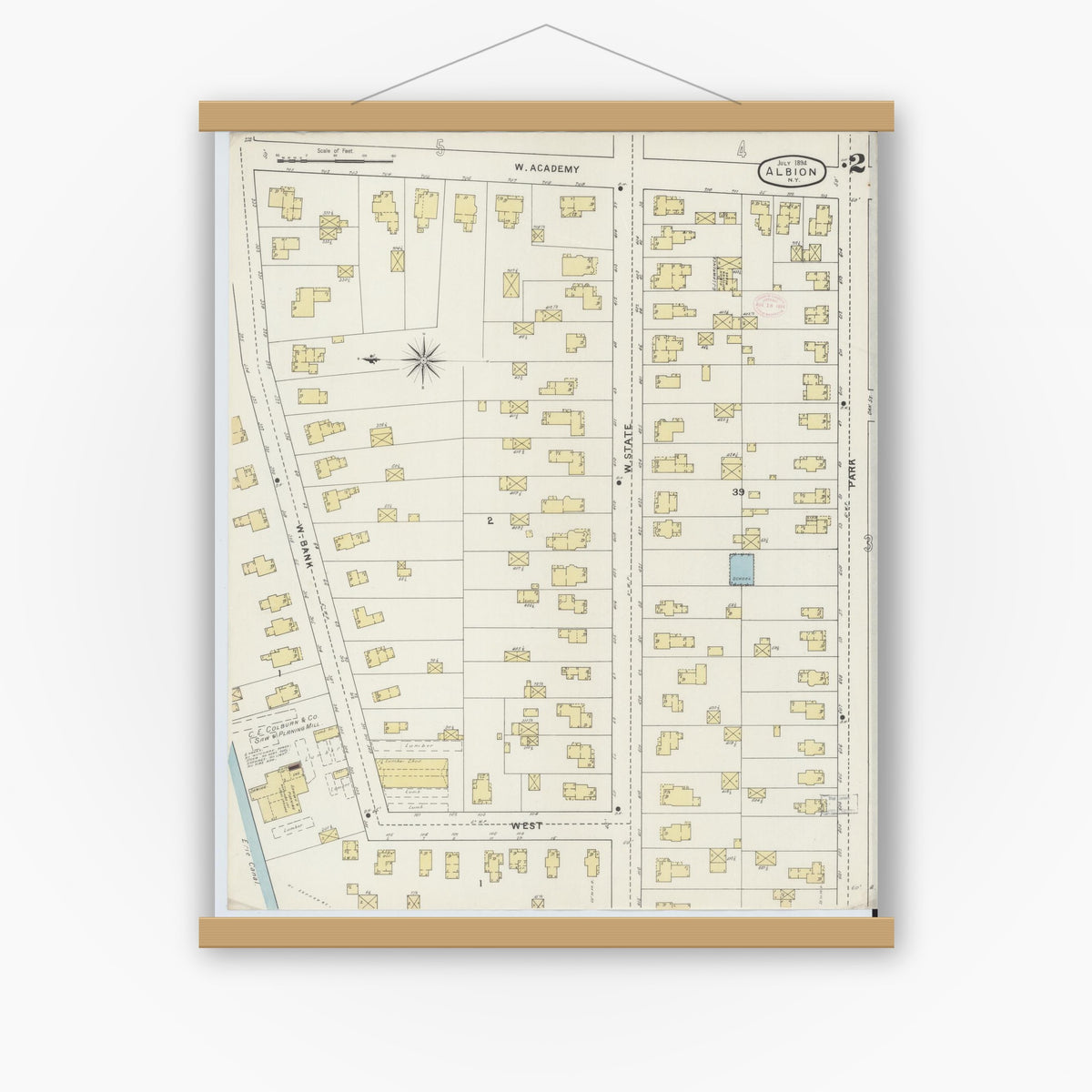 Old map wall art mockup — magnetic wood frame on white wall — Sanborn Fire Insurance Map from Albion, Orleans County, New York (1894) - Complete Map Set