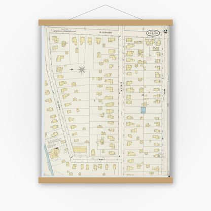 Old map wall art mockup — magnetic wood frame on white wall — Sanborn Fire Insurance Map from Albion, Orleans County, New York (1894) - Complete Map Set