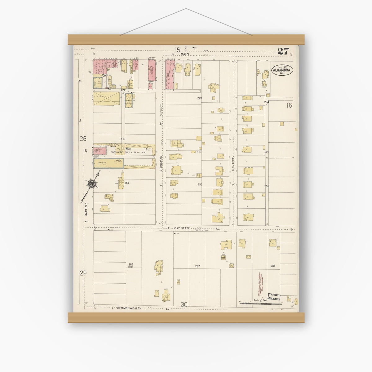 Old map wall art mockup — magnetic wood frame on white wall — Sanborn Fire Insurance Map from Alhambra, Los Angeles County, California (1912), Sheet #0027