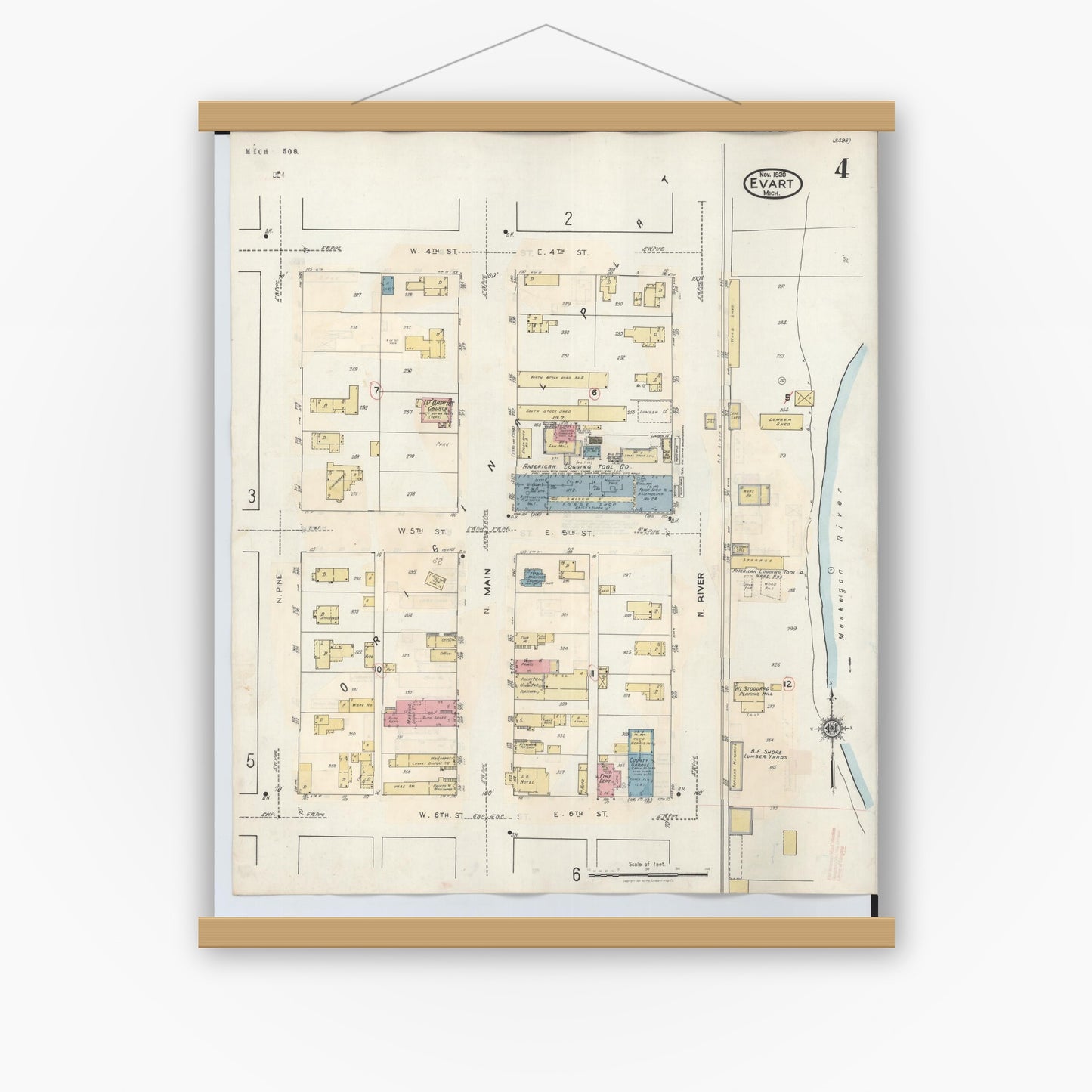 Old map wall art mockup — magnetic wood frame on white wall — Sanborn Fire Insurance Map from Evart, Osceola County, Michigan (1942), Sheet #0004